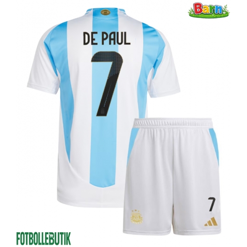 Argentina Rodrigo De Paul #7 Hemmaställ Barn Copa America 2024 Kortärmad (+ Korta byxor)